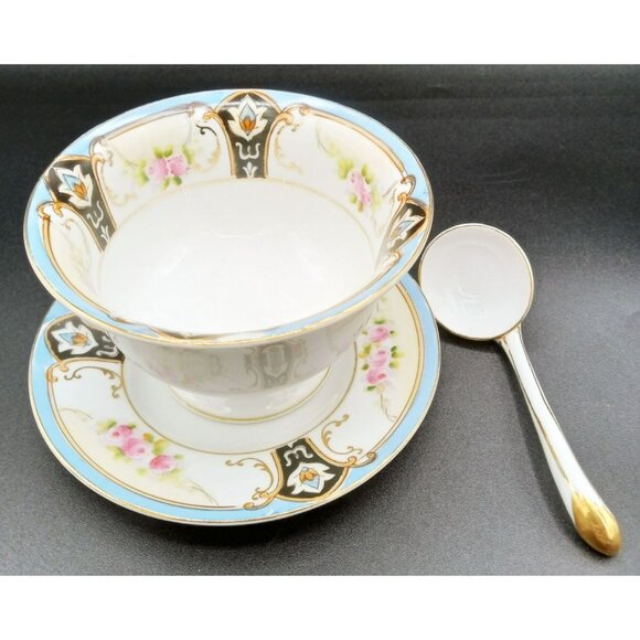 Antique Noritake Bouillon Set 1920s Hand Painted Roses Spoon Saucer Japan - Picture 6 of 13